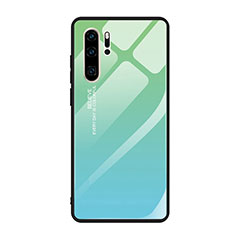 Coque Rebord Contour Silicone et Vitre Miroir Housse Etui Degrade Arc en Ciel H01 pour Huawei P30 Pro New Edition Cyan