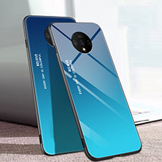 Coque Rebord Contour Silicone et Vitre Miroir Housse Etui Degrade Arc en Ciel H01 pour OnePlus 7T Bleu