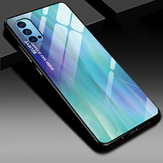 Coque Rebord Contour Silicone et Vitre Miroir Housse Etui Degrade Arc en Ciel H01 pour Oppo Reno4 Pro 5G Cyan