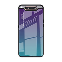 Coque Rebord Contour Silicone et Vitre Miroir Housse Etui Degrade Arc en Ciel H01 pour Samsung Galaxy A90 4G Cyan