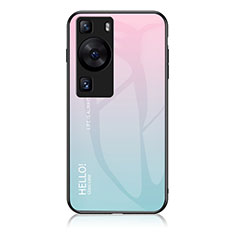 Coque Rebord Contour Silicone et Vitre Miroir Housse Etui Degrade Arc en Ciel LS1 pour Huawei P60 Cyan