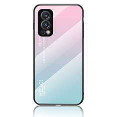 Coque Rebord Contour Silicone et Vitre Miroir Housse Etui Degrade Arc en Ciel LS1 pour OnePlus Nord 2 5G Cyan