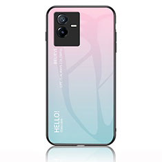 Coque Rebord Contour Silicone et Vitre Miroir Housse Etui Degrade Arc en Ciel LS1 pour Vivo T2x 5G Cyan