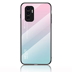 Coque Rebord Contour Silicone et Vitre Miroir Housse Etui Degrade Arc en Ciel LS1 pour Vivo V23e 5G Cyan