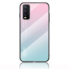 Coque Rebord Contour Silicone et Vitre Miroir Housse Etui Degrade Arc en Ciel LS1 pour Vivo Y11s Cyan