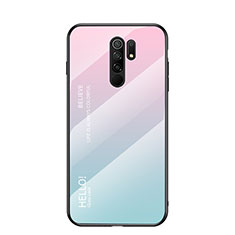 Coque Rebord Contour Silicone et Vitre Miroir Housse Etui Degrade Arc en Ciel LS1 pour Xiaomi Poco M2 Cyan