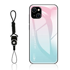 Coque Rebord Contour Silicone et Vitre Miroir Housse Etui Degrade Arc en Ciel M01 pour Apple iPhone 13 Mini Cyan