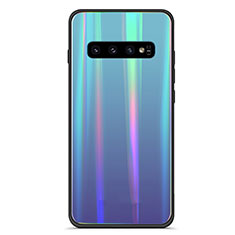 Coque Rebord Contour Silicone et Vitre Miroir Housse Etui Degrade Arc en Ciel M02 pour Samsung Galaxy S10 Bleu