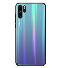 Coque Rebord Contour Silicone et Vitre Miroir Housse Etui Degrade Arc en Ciel pour Huawei P30 Pro New Edition Cyan