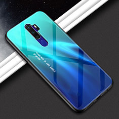 Coque Rebord Contour Silicone et Vitre Miroir Housse Etui Degrade Arc en Ciel pour Oppo A5 (2020) Cyan