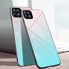 Coque Rebord Contour Silicone et Vitre Miroir Housse Etui Degrade Arc en Ciel pour Oppo Reno4 SE 5G Bleu Clair