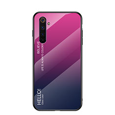 Coque Rebord Contour Silicone et Vitre Miroir Housse Etui Degrade Arc en Ciel pour Realme 6 Rose Rouge