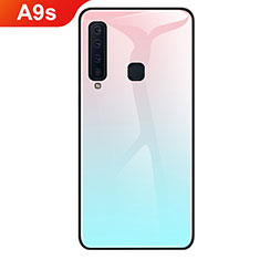 Coque Rebord Contour Silicone et Vitre Miroir Housse Etui Degrade Arc en Ciel pour Samsung Galaxy A9s Cyan