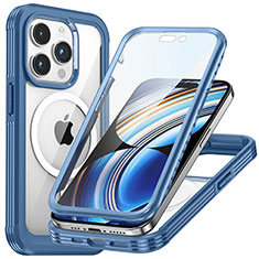 Coque Rebord Contour Silicone et Vitre Transparente Housse Etui 360 Degres avec Mag-Safe Magnetic Magnetique T01 pour Apple iPhone 14 Pro Max Bleu