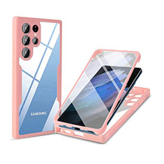 Coque Rebord Contour Silicone et Vitre Transparente Housse Etui 360 Degres M01 pour Samsung Galaxy S21 Ultra 5G Rose