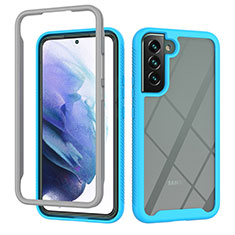 Coque Rebord Contour Silicone et Vitre Transparente Housse Etui 360 Degres M02 pour Samsung Galaxy S21 Plus 5G Bleu Ciel