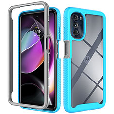 Coque Rebord Contour Silicone et Vitre Transparente Housse Etui 360 Degres pour Motorola Moto G 5G (2022) Cyan