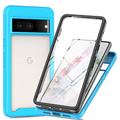 Coque Rebord Contour Silicone et Vitre Transparente Housse Etui 360 Degres ZJ1 pour Google Pixel 7 5G Bleu Ciel