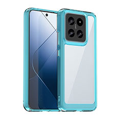 Coque Rebord Contour Silicone et Vitre Transparente Housse Etui J01S pour Xiaomi Mi 14 Pro 5G Cyan