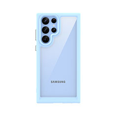 Coque Rebord Contour Silicone et Vitre Transparente Housse Etui M03 pour Samsung Galaxy S22 Ultra 5G Bleu