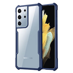 Coque Rebord Contour Silicone et Vitre Transparente Miroir Housse Etui pour Samsung Galaxy S21 Ultra 5G Bleu