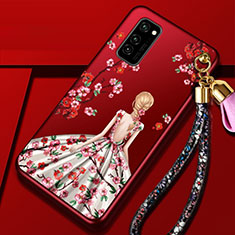 Coque Silicone Dos de Fille Souple Couleur Unie Etui Housse pour Huawei Honor V30 Pro 5G Rouge