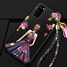 Coque Silicone Dos de Fille Souple Couleur Unie Etui Housse pour Huawei Honor View 30 5G Violet et Noir