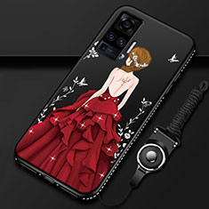 Coque Silicone Dos de Fille Souple Couleur Unie Etui Housse pour Vivo X50 Pro 5G Rouge et Noir