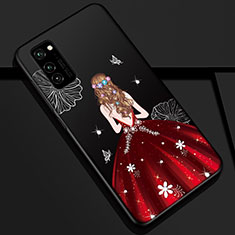 Coque Silicone Dos de Fille Souple Couleur Unie Etui Housse S01 pour Huawei Honor View 30 5G Rouge et Noir