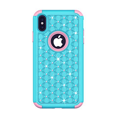 Coque Silicone et Plastique Housse Etui Protection Integrale 360 Degres Bling-Bling pour Apple iPhone Xs Bleu