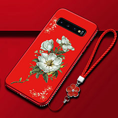 Coque Silicone Fleurs Souple Couleur Unie Etui Housse K03 pour Samsung Galaxy S10 Plus Rouge