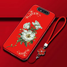 Coque Silicone Fleurs Souple Couleur Unie Etui Housse S06 pour Samsung Galaxy A80 Rouge