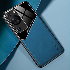 Coque Silicone Gel Motif Cuir Housse Etui avec Magnetique pour Huawei P60 Pro Bleu