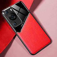 Coque Silicone Gel Motif Cuir Housse Etui avec Magnetique pour Huawei P60 Pro Rouge