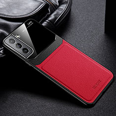 Coque Silicone Gel Motif Cuir Housse Etui avec Magnetique pour Samsung Galaxy S21 Plus 5G Rouge