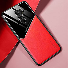 Coque Silicone Gel Motif Cuir Housse Etui avec Magnetique pour Xiaomi Poco M2 Rouge