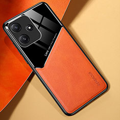 Coque Silicone Gel Motif Cuir Housse Etui avec Magnetique pour Xiaomi Poco M6 Pro 5G Orange