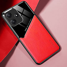 Coque Silicone Gel Motif Cuir Housse Etui avec Magnetique pour Xiaomi Poco M6 Pro 5G Rouge