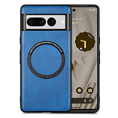 Coque Silicone Gel Motif Cuir Housse Etui avec Magnetique S02D pour Google Pixel 7 Pro 5G Bleu