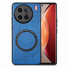 Coque Silicone Gel Motif Cuir Housse Etui avec Magnetique S02D pour Vivo X90 Pro 5G Bleu