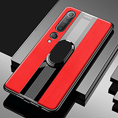 Coque Silicone Gel Motif Cuir Housse Etui avec Support Bague Anneau Aimante Magnetique A01 pour Xiaomi Mi 10 Rouge