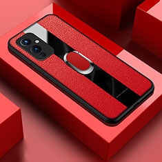 Coque Silicone Gel Motif Cuir Housse Etui avec Support Bague Anneau Aimante Magnetique PB1 pour OnePlus 9 5G Rouge