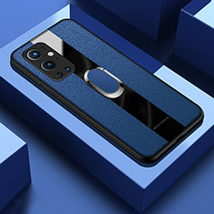 Coque Silicone Gel Motif Cuir Housse Etui avec Support Bague Anneau Aimante Magnetique PB1 pour OnePlus 9 Pro 5G Bleu