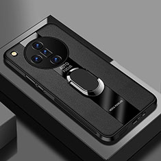 Coque Silicone Gel Motif Cuir Housse Etui avec Support Bague Anneau Aimante Magnetique PB1 pour Oppo Find X7 Ultra 5G Noir