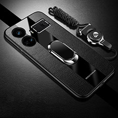 Coque Silicone Gel Motif Cuir Housse Etui avec Support Bague Anneau Aimante Magnetique PB1 pour Realme GT Neo5 5G Noir