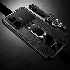 Coque Silicone Gel Motif Cuir Housse Etui avec Support Bague Anneau Aimante Magnetique PB1 pour Realme GT Neo5 SE 5G Noir