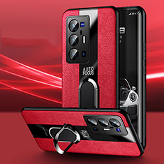 Coque Silicone Gel Motif Cuir Housse Etui avec Support Bague Anneau Aimante Magnetique PB1 pour Vivo X70 Pro+ Plus 5G Rouge