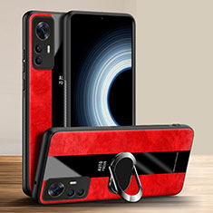 Coque Silicone Gel Motif Cuir Housse Etui avec Support Bague Anneau Aimante Magnetique PB1 pour Xiaomi Mi 12T Pro 5G Rouge