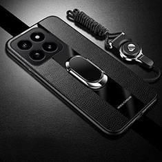 Coque Silicone Gel Motif Cuir Housse Etui avec Support Bague Anneau Aimante Magnetique PB1 pour Xiaomi Mi 14 Pro 5G Noir