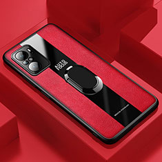 Coque Silicone Gel Motif Cuir Housse Etui avec Support Bague Anneau Aimante Magnetique PB1 pour Xiaomi Poco F3 5G Rouge